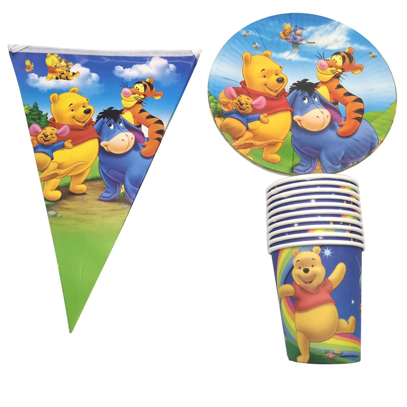 

50PCS Baby Shower Banner Flag Decorate Cups Plates Happy Birthday Party Kids Favors Dishes Glass Winnie Pooh Theme Tableware