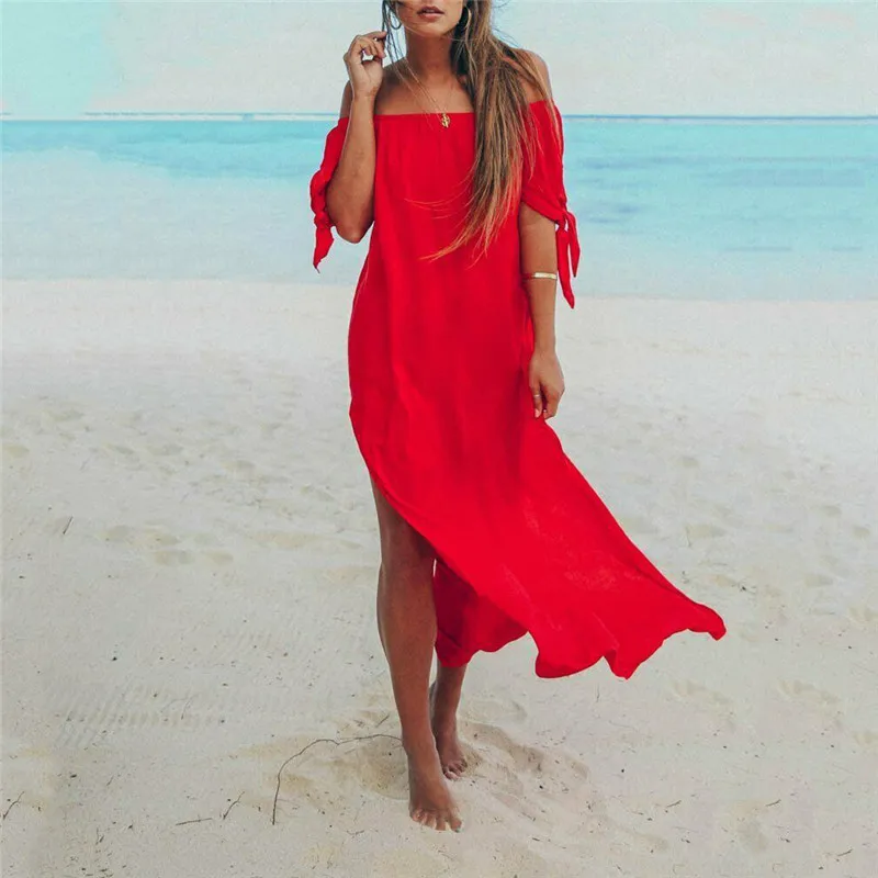 

Womens Strapless Beach Dress Sexy Bikini Cover up Elegant Off shoulder split kaftan Summer Beach Loose Swimsuit Beach Cover up