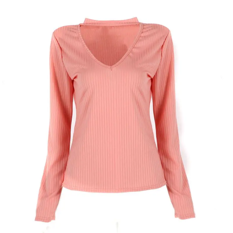 Женский модный элегантный вязаный свитер с бретелькой через шею, эластичный свитер, пуловер, женский тонкий вязаный джемпер с v-образным вырезом, повседневные топы, новинка - Цвет: Розовый