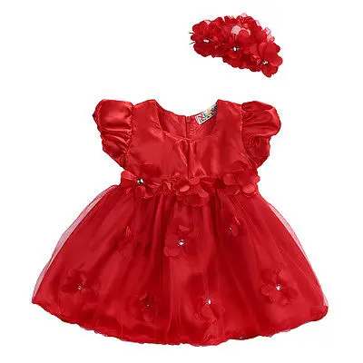 

2pcs!!Red Flower Girls Short Sleeve Toddler Baby Princess Party Pageant Wedding Tulle Tutu Dresses+Headband 0-3Y