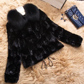 

High quality natural mink fur coats women short style full sleeve real fur jacket with genuine fox fur collar 2018 autumn winter