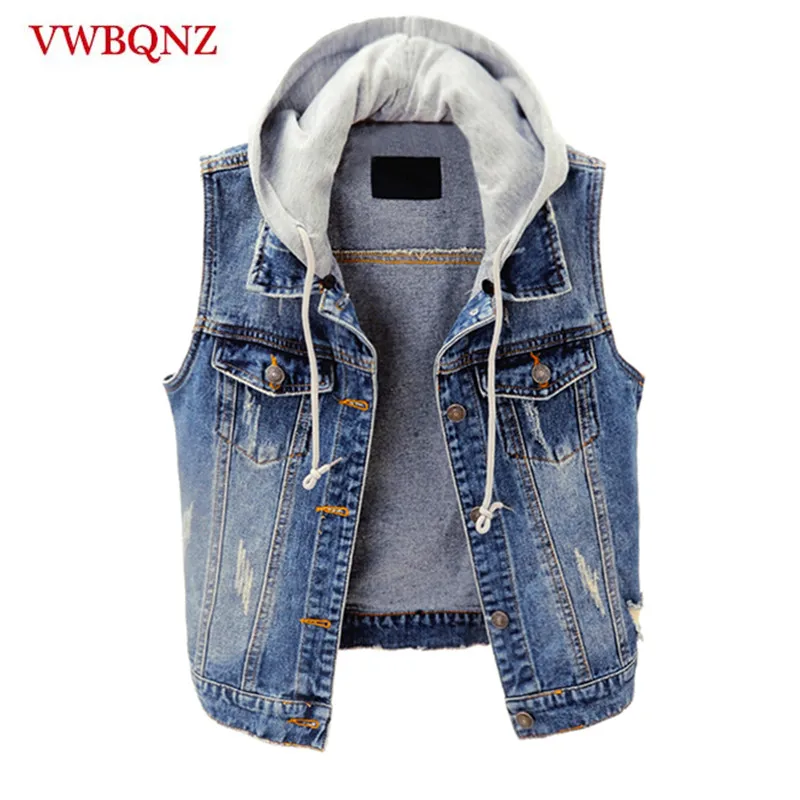 

New Summer Hooded Short Denim Women's Vest 2017 Casual Slim Single Breasted Vintage Feminino Sleeveless Jeans Jackets Coat 4XL