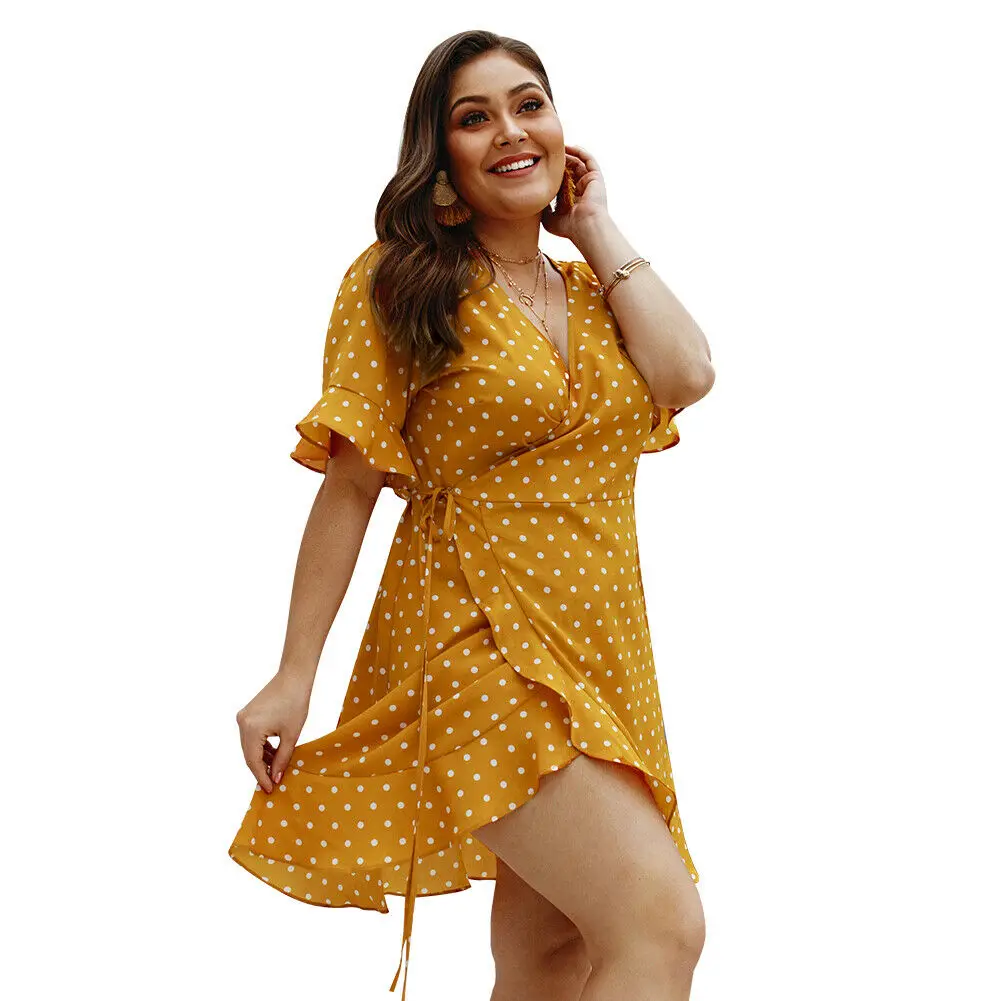 Plus Size Dress Women Polk Dot Holiday Beach Dress Femme Ladies Casual Short Sleeve Boho Evening Party Dress Summer Sundress