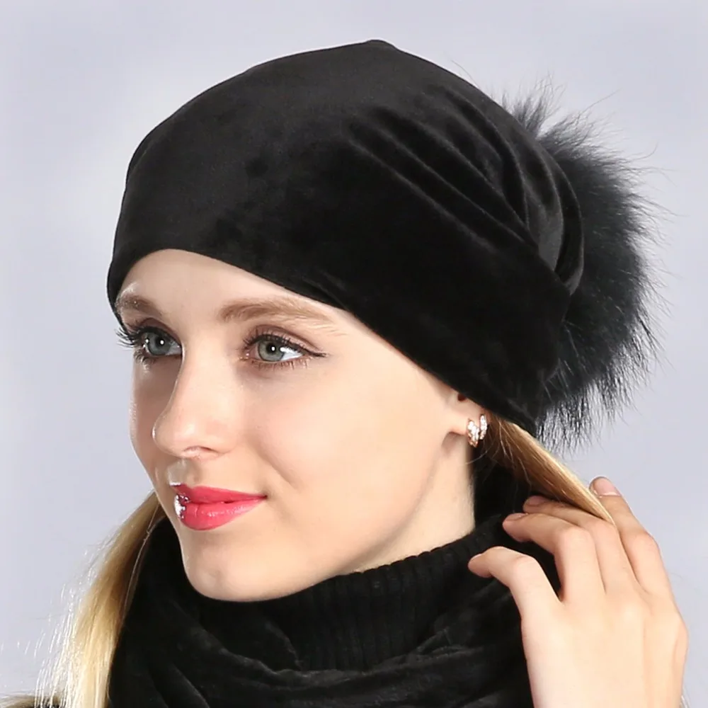 Geebro Women's Pom Pom Beanie Hat Casual Velvet Skullies Beanies Polyester Knitted Hats Warm Raccoon Fur Pompom Beanies Hat 4