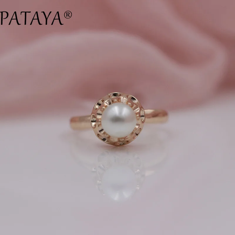 PATAYA, Новое поступление, специальное предложение, 585, розовое золото, кольца для женщин, Круглые, имитация жемчуга, полые, выгравированы, свадебные, вечерние, ювелирные изделия, подарок