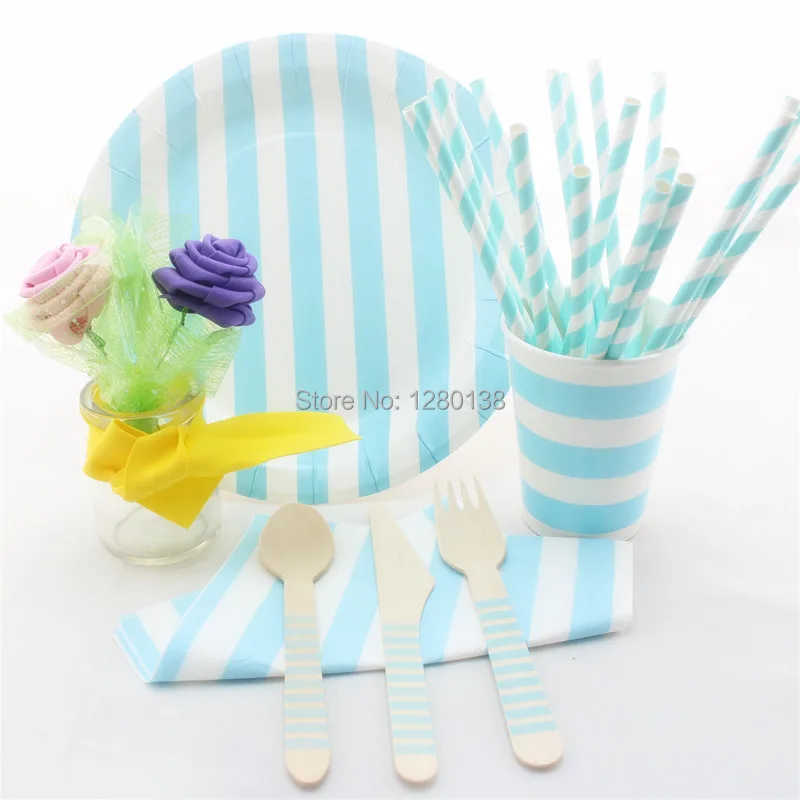

Party Supplies Blue Tableware Set Wooden fork Spoon Knift, Wedding Disposable Paper Plates, Cups, Straws, Napkins
