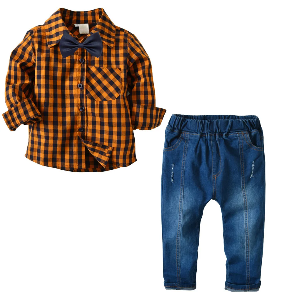 

Hot Sale Wholesale Casual Cotton Yellow Black Plaid Shirt + Cowboy Bib Pants Bow Tie Cheap Gentleman Baby Boy 2 piece Set