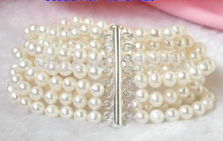 

00722 8'' 8strands white pearls bracelet bangle silver Natural >>free shipping