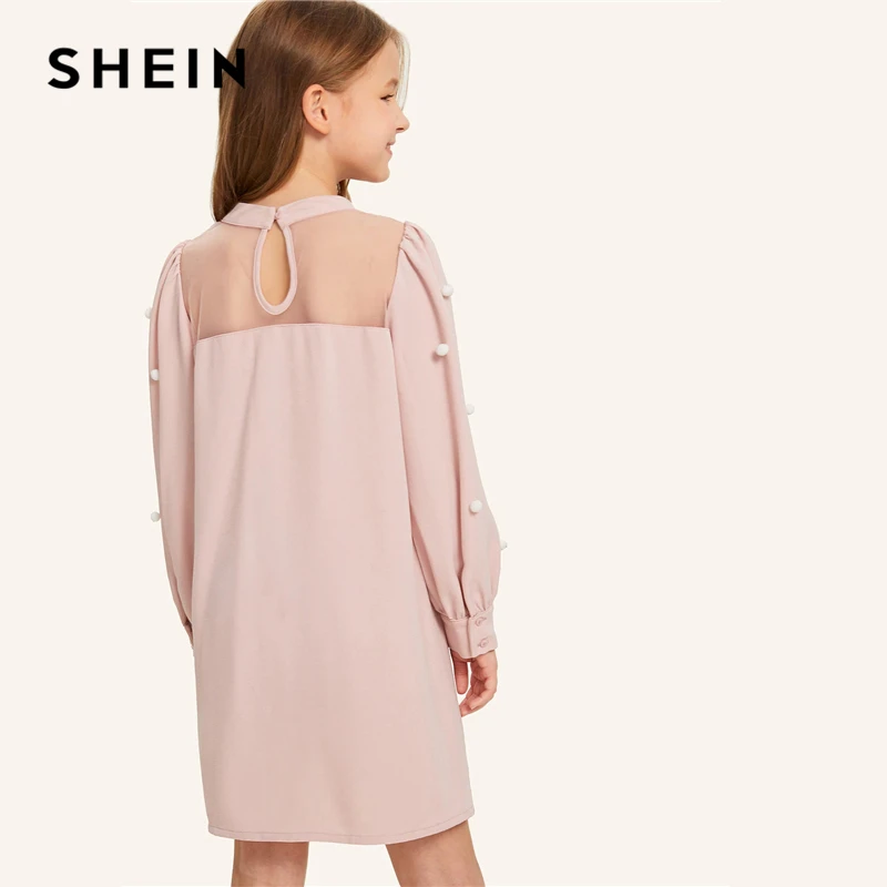 SHEIN/детское розовое Сетчатое платье с бантом спереди и жемчужинами для девочек; милое платье с помпонами; коллекция года; вечерние Детские платья-туники с воротником-стойкой и рукавами «Бишоп»