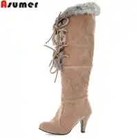 Asumer 2020 hot sale new arrive women boots fashion lace up flock knee high boots solid color high heels winter boots