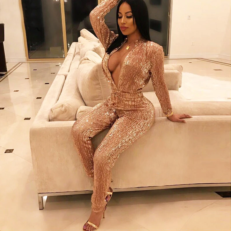 

Spring Winter Long Sleeve Sequin Jumpsuit Sexy V-Neck with Zipper Club Party Playsuit Bling Luxury Women Romper TB-72