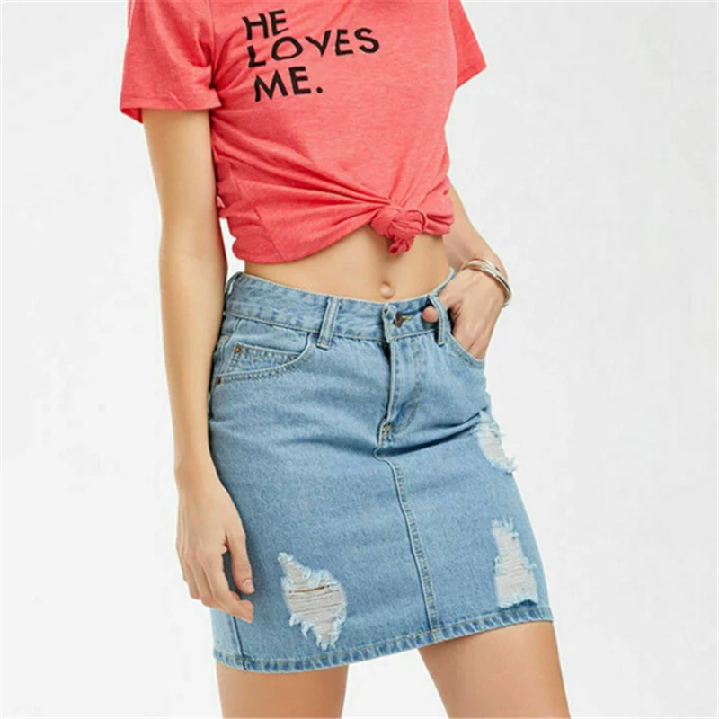 

Classical Women Blue Ripped Casual Mini Denim Skirt 2019 Summer New Bodycon Women Skirt Basic Pocket Jeans Skirt Mid Waist Skirt