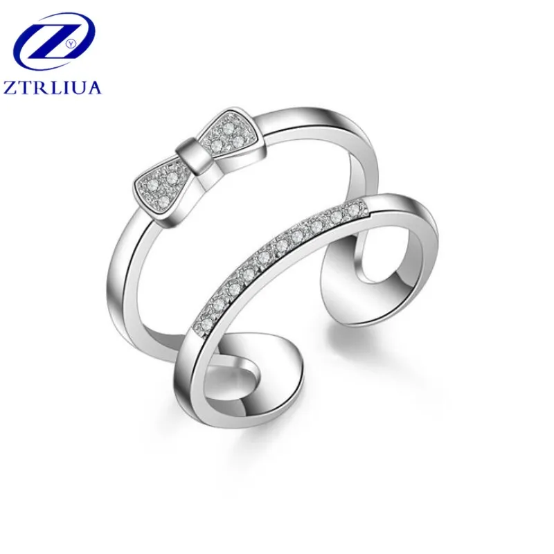 

New Arrival Bows Double 925 Sterling Silver Jewelry Fashion Simple Adjustable Personality Crystal Female Opening Rings SR310