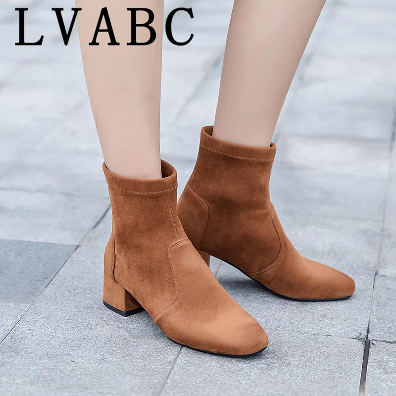 

New Women Shoes High Heels Slip ankle boots winter Stretch socks boots elegant Square high heels shoes female Plus size 32- 44