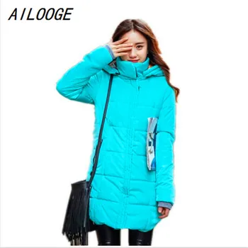 

AILOOGE 2017 Plus size Candy Color Slim Cotton Coat Women Parka 6XL Autumn Winter Jacket Women Thick Hooded Cotton-Padded Jacket