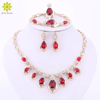 

Fashion Black/Red/Purple Crystal African Costume Jewelry Set For Women Gold Color Wedding Necklace Earrings Bracelet Ring Set
