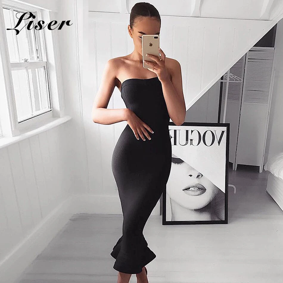 

Liser 2018 New Summer Women Dress Strapless Bandage Dress Sexy Bodycon Celebrity Party Black Red White Fishtail Dresses Vestidos