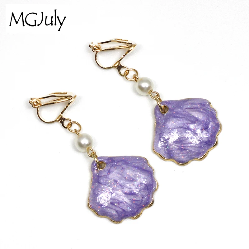 

Purple Scallop Shell Earrings No Pierced Ear Clips Simulated pearl Shells Clip Earrings Without Piercing Women Earring CE117