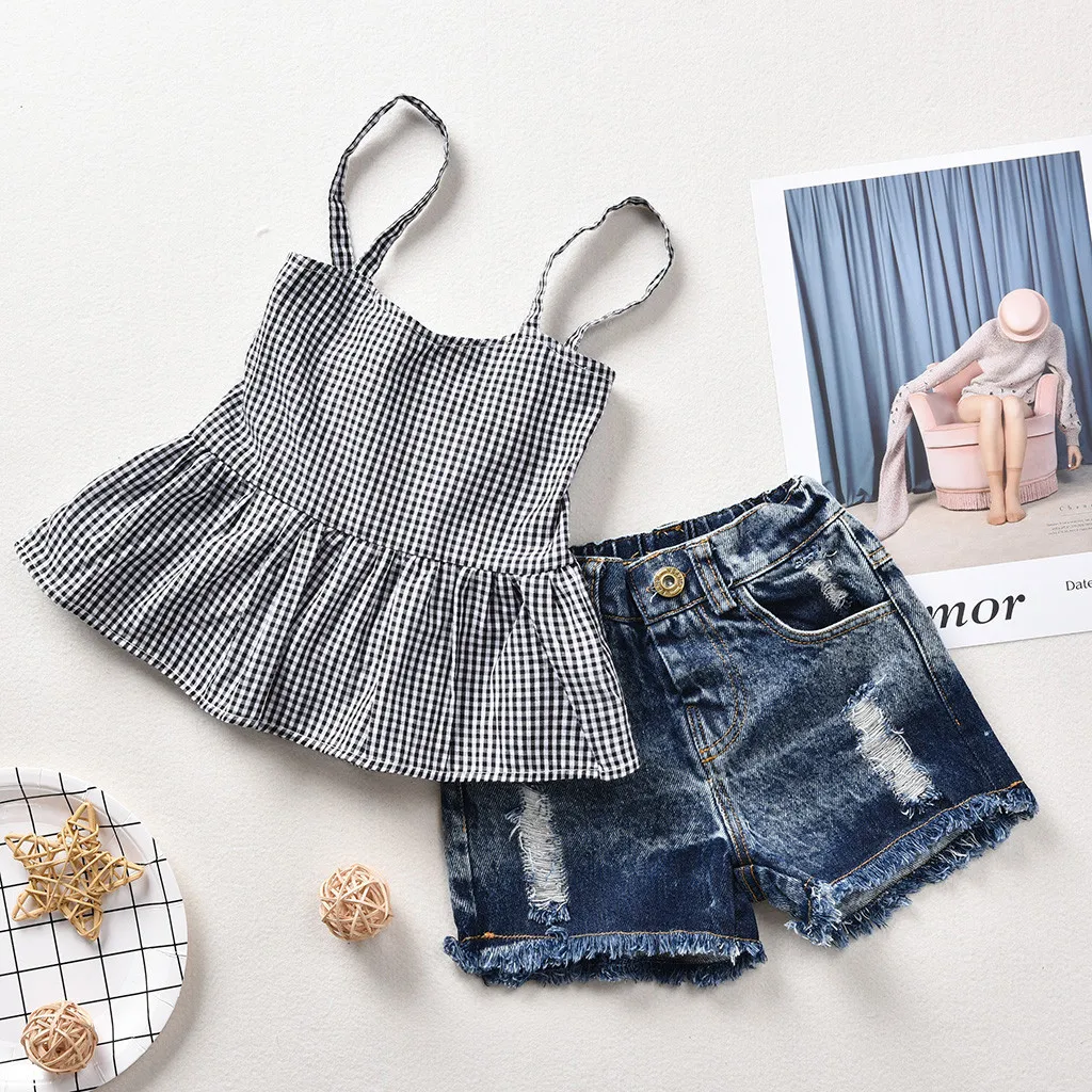 

Baby Summer Girls Clothes 2 3 Years Fashion Sleeveless Plaid Vest Top+Denim Shorts Girls Outfits Kids Clothing For Girls Sets