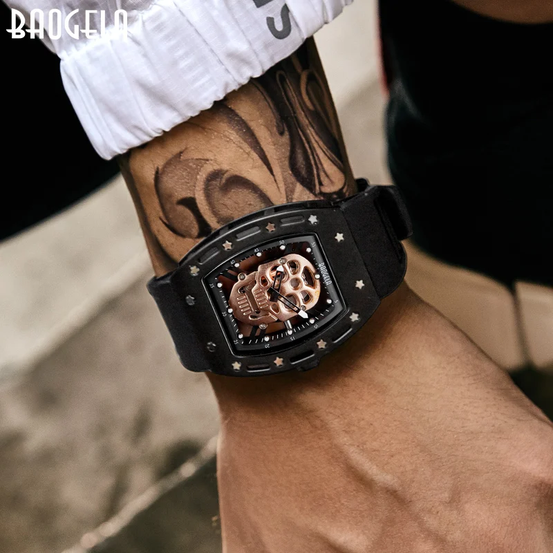  Baogela Pirate Skull Style Men Watch Silicone Luminous Quartz Watches Military Wateproof Skeleton W
