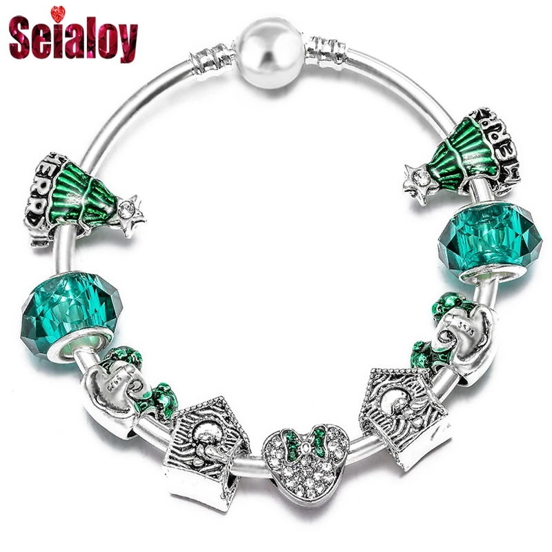 

SEIALOY New Cartoon Mickey Brands Bangle Bracelet For Women Men Original Green Crystals Minnie Love Charm Bangles Jewelry Gift