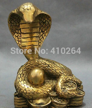 

FREE SHIPPING [Nice Discount ] Chinese Pure Brass Year Zodiac Ball Snake On Wealth YuanBao Coin Statue Animals