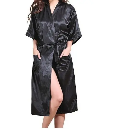 Модные Женские однотонные шелковые кимоно халат для подружек невесты свадебные вечерние ночные пижамы 5 цветов - Цвет: black