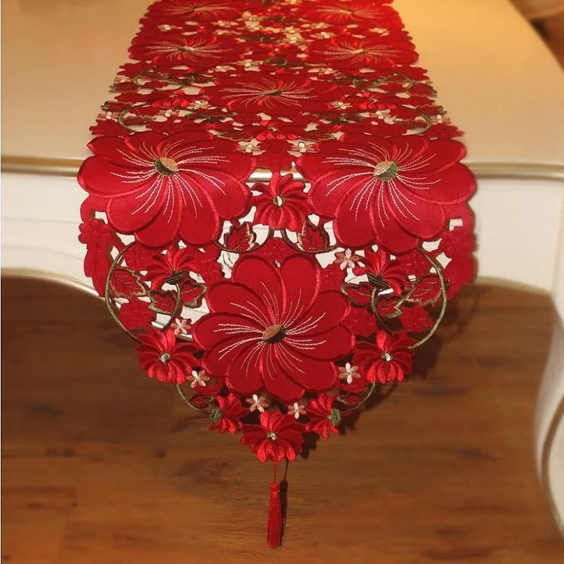European Wedding Table Runner 3D Red Floral Embroidered Polyester table