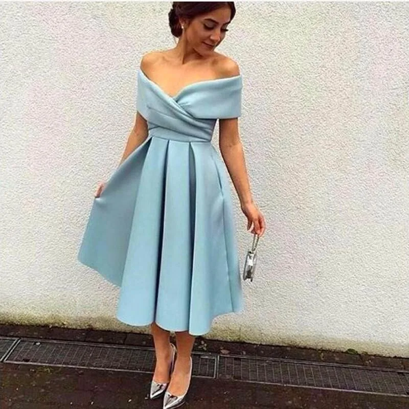Baby Blue Off the Shoulder Evening Dresses 2019 A-Line Satin Ankle Length Dubai Arabic Pleated Elegant Gown Prom Dress | Свадьбы и