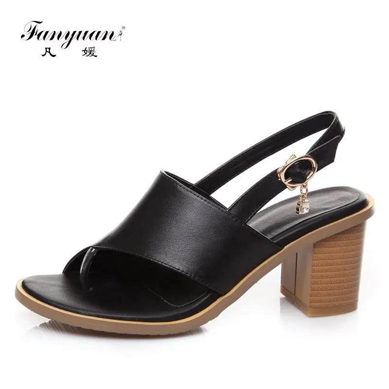 

Fanyuan Stylish Women's Heeled Sandals Genuine Leather Flip Flops Ladies Summer Footwear Chunky Heel Rome Style High Heels Shoes