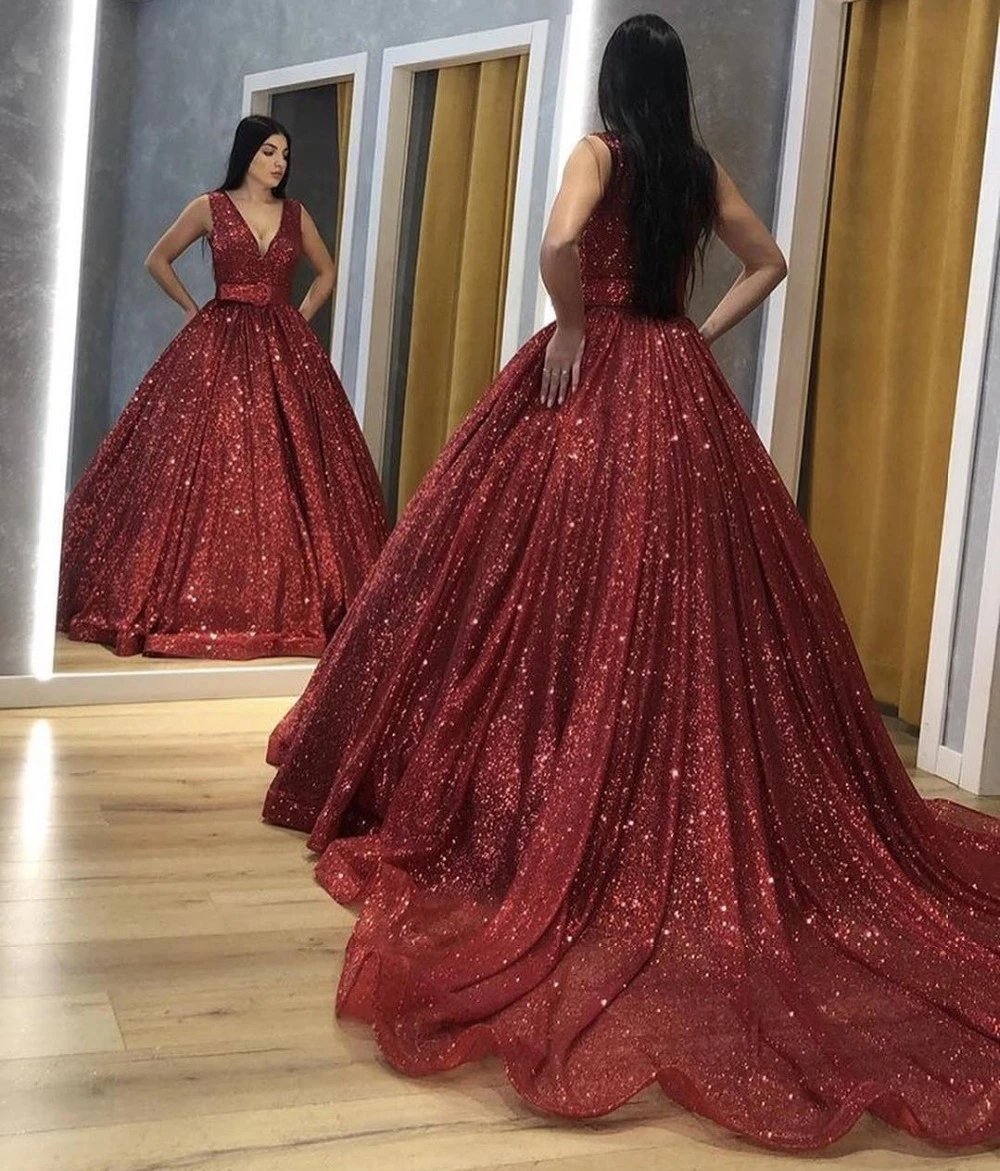 burgundy glitter prom dress