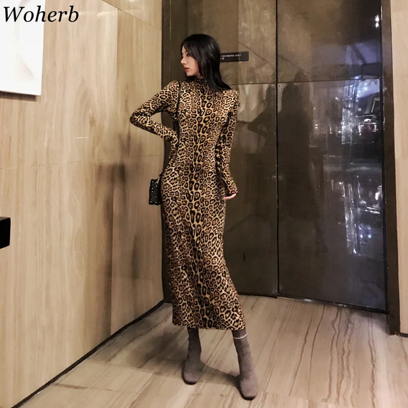Woherb леопардовое змеиное Платье макси с длинным рукавом для женщин Весна Осень водолазка винтажные вечерние платья Vestidos 21622