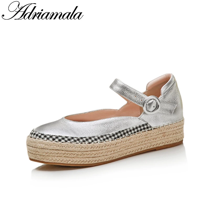 

2018 Genuine Leather Women Flat Shoes Casual Flat Platform Round Toe Cow Leather Women Loafers Shoes Platform Adriamala