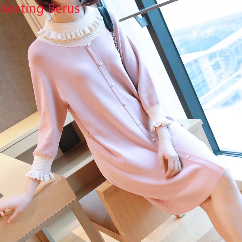 

Women's spring and summer thin dress loose large size fashion lotus leaf collar lotus leaf sleeves long women's knit dress 0852