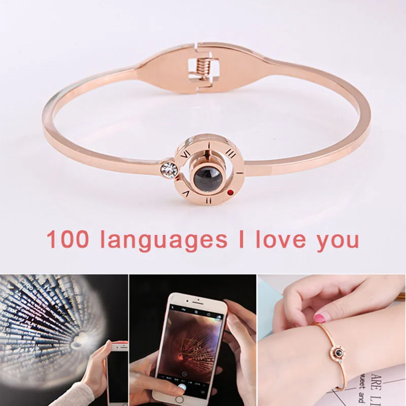 Subloom I LOVE YOU in 100 Languages Rose Gold Titanium Steel Memory Bracelet 