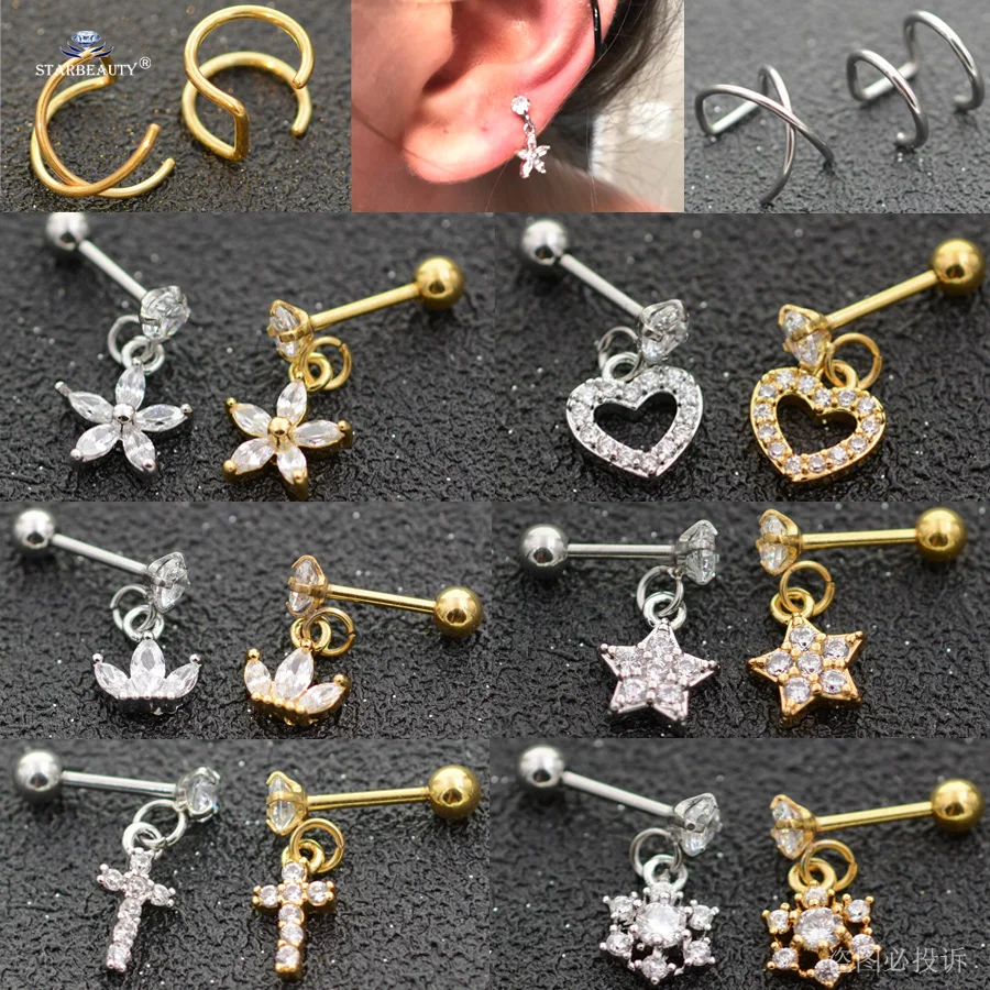 

1pc Heart Star Gem Dangle Piercing Cartilage Earrings for Women Cross Helix Piercing Tragus Earrings Cuff Fake Piercing Jewelry