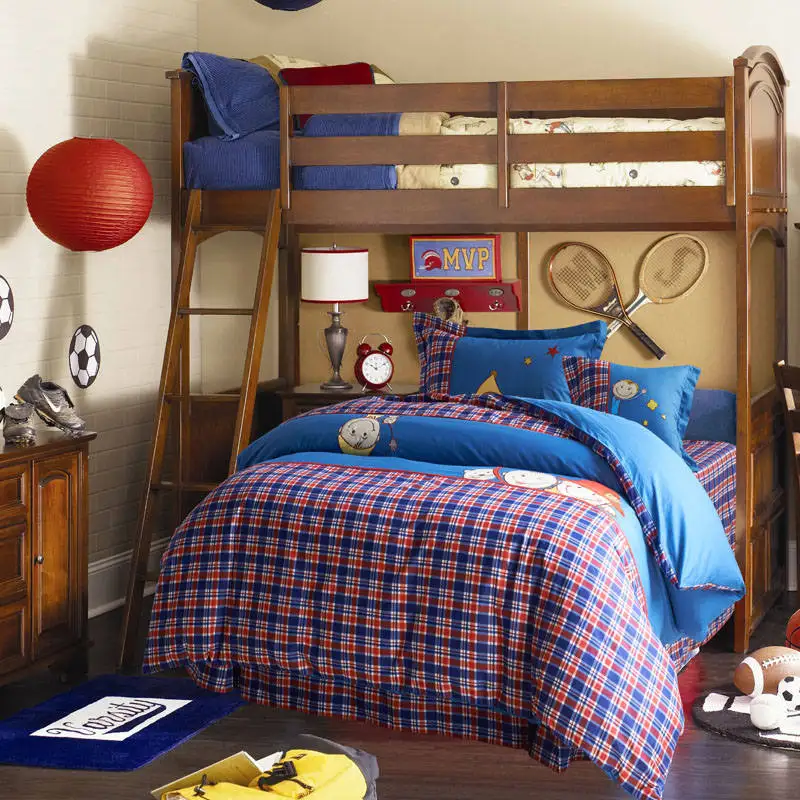 

Red Blue Plaid Kids Print Applique Embroidered Bedding Sets Twin Full Queen Size Duvet Covers Bedspreads Cotton Woven Girls Baby