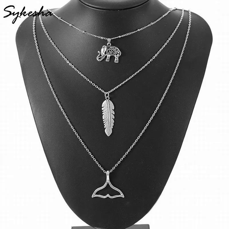 

2019 Fashion 3 Layers Bohemia Beach Elements Elephant Feather Fishtail Pendant Necklace Vintage Chain Tassel Statement Necklace