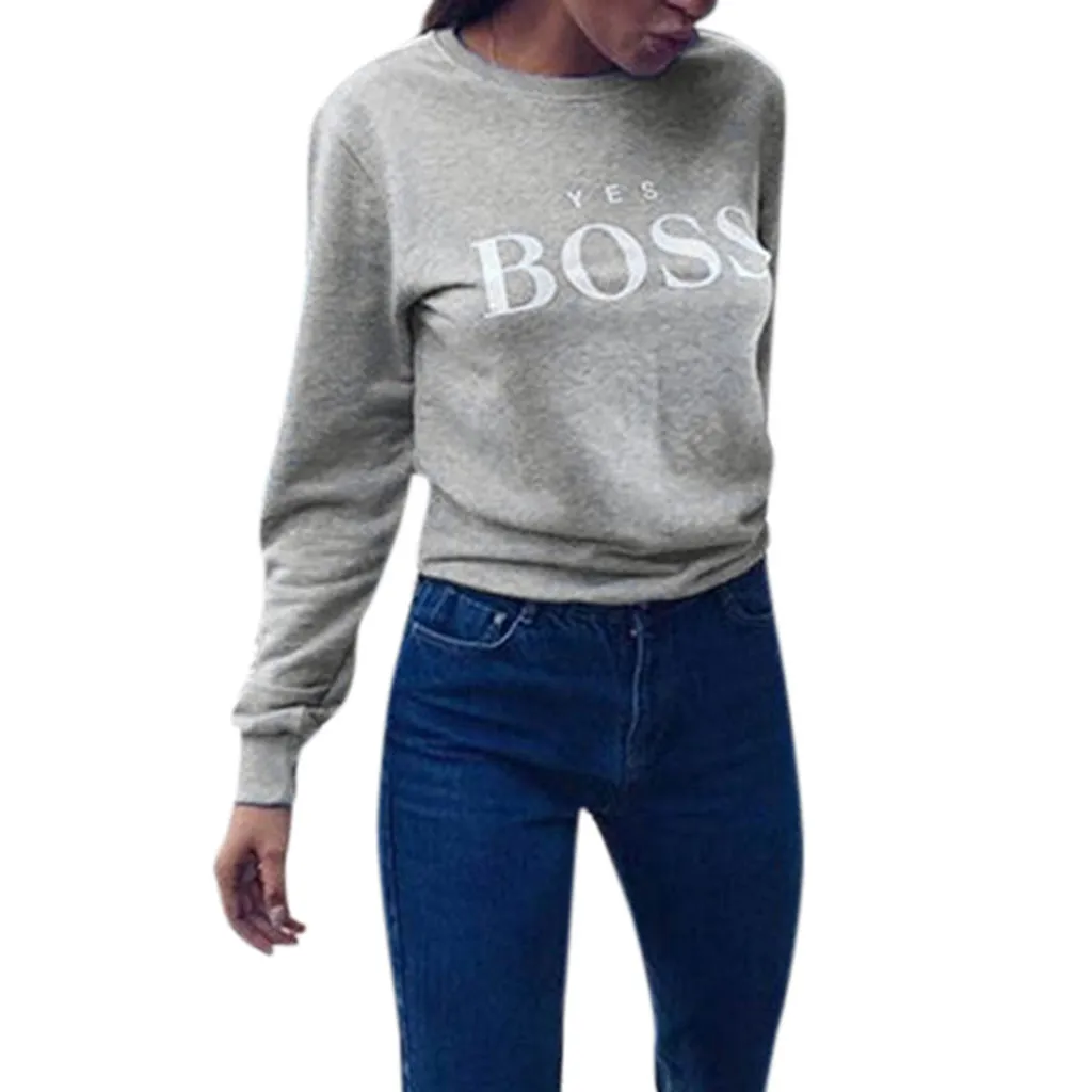 Women Sweatshirt Women Fall Yes Boss Letter Printed Hoodie Sweatshirt Ladies Long Sleeve Pullover Jumper Sudadera Mujer