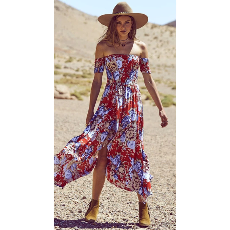 

Women Floral Off the Shoulder Split Chiffon Maxi Beach Dress Wedding Party