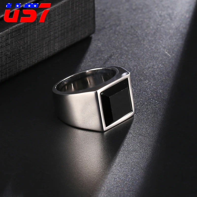 US7 Stainless Steel Square Stone Ring Men Biker Punk Rock Finger Obsidian Natural Stone men rings Titanium Street Jewelry Gift
