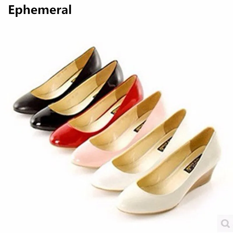 Ladies big sizes (4 -16)Plain Hand-made Casual Round toe genuine Patent leather Wedges high Wood grain heeled shoes Women pumps