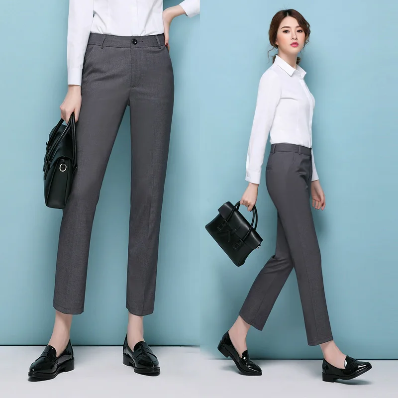 Black Grey Formal Pants Women Slim Hip Straight Pant Capris Female Work