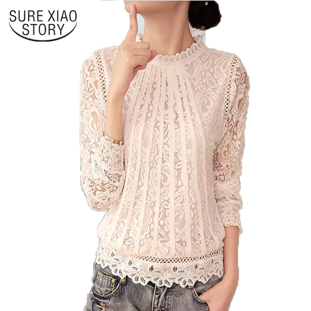 2016 New Summer Ladies White Blusas Women's Long Sleeve Chiffon Lace Crochet Tops Blouses Women Clothing Feminine Blouse 51C