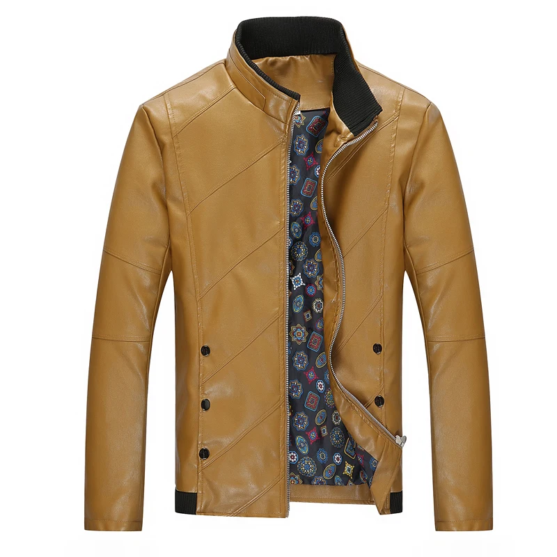  Fashion Men's Long Sleeve PU Jacket Black Red Yellow Upscale Casual Men Twill Coat Size S M L XL 2X