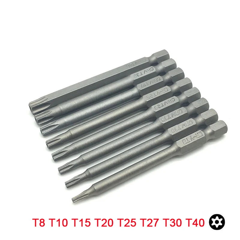 

8pcs Torx T8 T10 T15 T20 T25 T27 T30 T40 Bit Set with Hollow 75mm Long 1/4 inch 6.35mm Hex Shank Cr-V Steel Screwdriver Bits