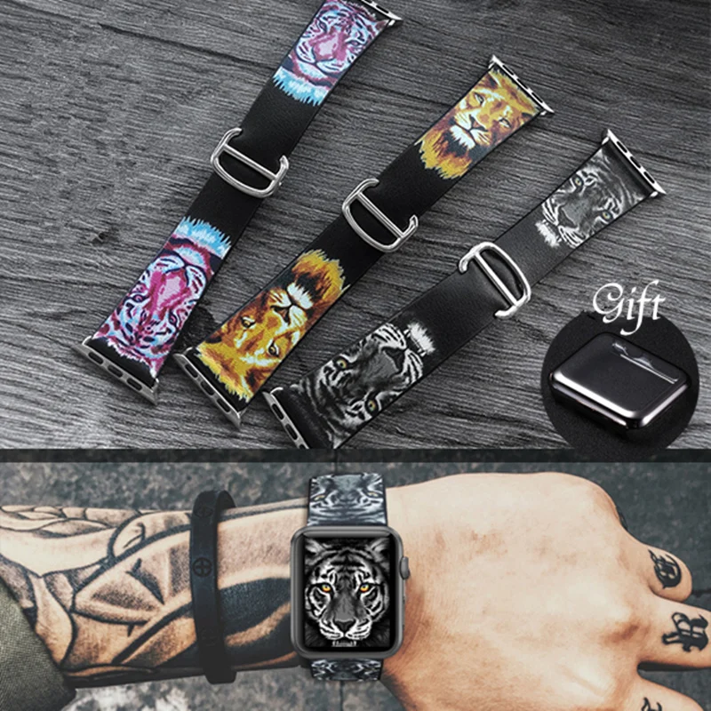 

Colorful Painting Style Watchband for Apple Watch Series 1/2/3/4 Watchstrap Lion for 38mm 42mm 40mm 44mm Iwatch Bracelets+Gifts