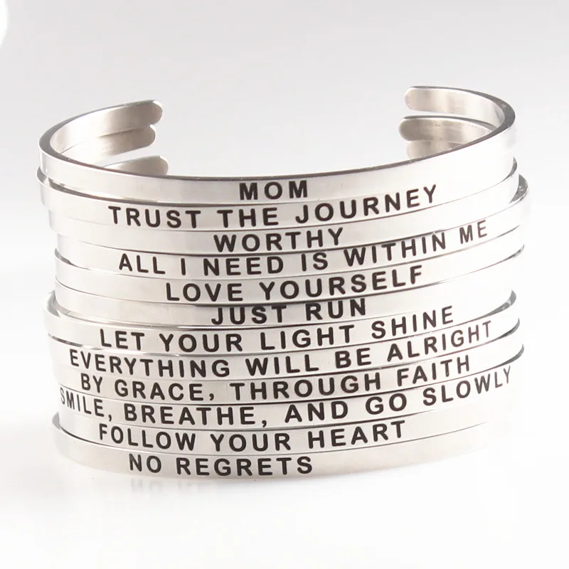 

4mm Inspirational Quote Engraved Mantra Bracelet MOM WORTHY LOVE YOURSELF TRUST THE JOURNEY NO REGRETS LET YOUR LIGHT SHINE