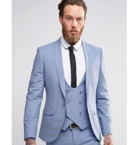 

2018 Light Blue Business Men Suits Custom Made 3 Pieces (Jacket+Pants+Vest+Tie) Wedding Tuxedos Groom Prom Latest Design Blazer