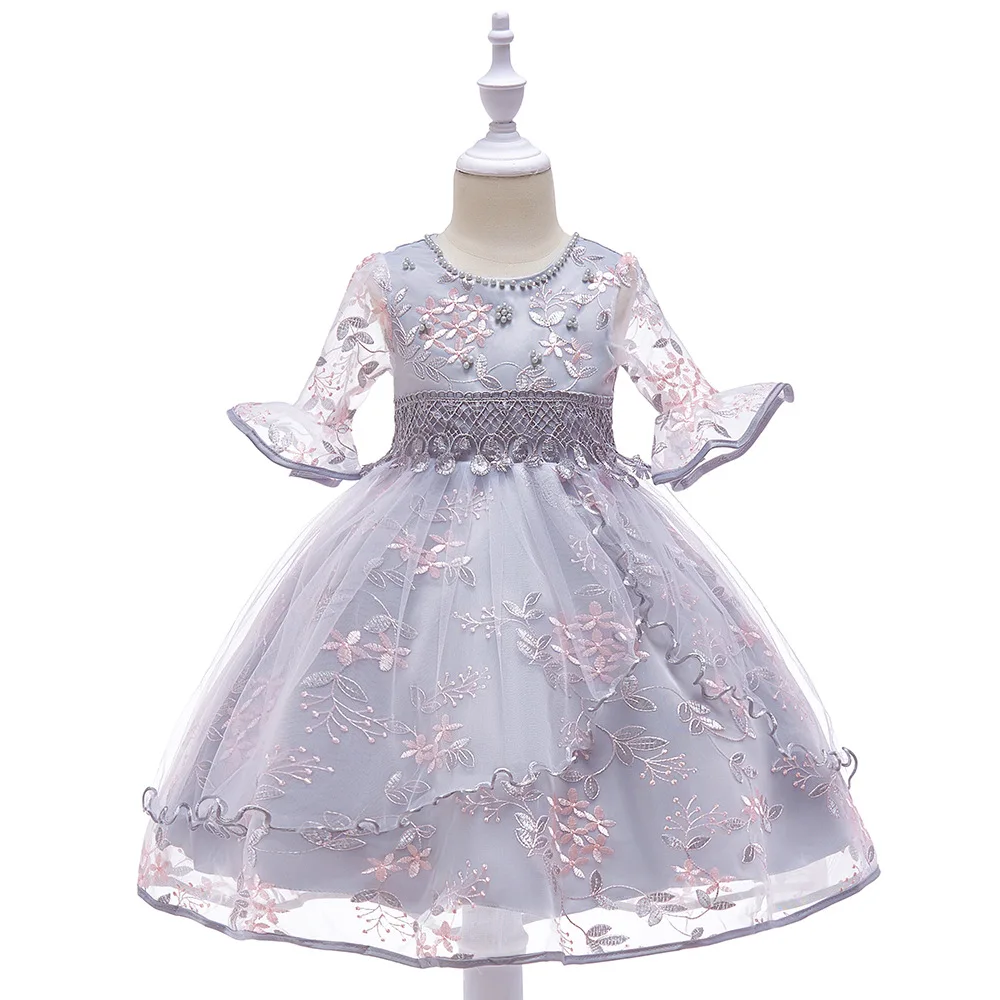 

2019 Kids Girl Flare sleeves Embroidered Gauze Princess Dress Neckline Beaded Dress For Child's Wedding Birthday Party Outfits